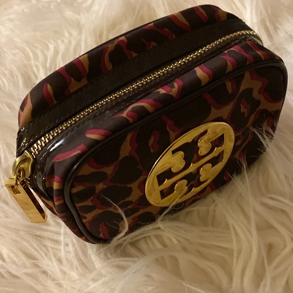 Tory Burch Brown Leopard Print Cosmetic Case with Gold Logo
